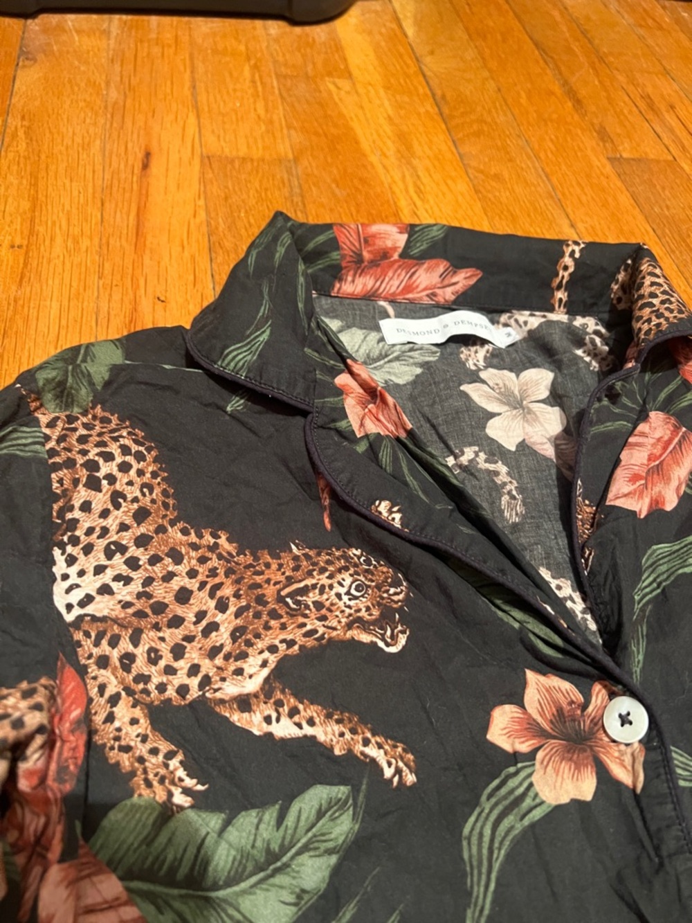 Leopard & Floral Satin Pajama Top - Black with Rust Floral - Picture 7 of 15
